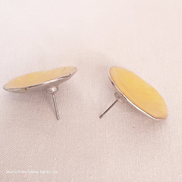 Chicos Disc Earrings Luminescent Yellow Enamel On SIlver Tone Concave Metal - Picture 3 of 8